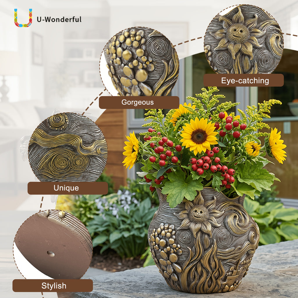 Pot de fleur doré en résine au motif ciel étoilé sculpté