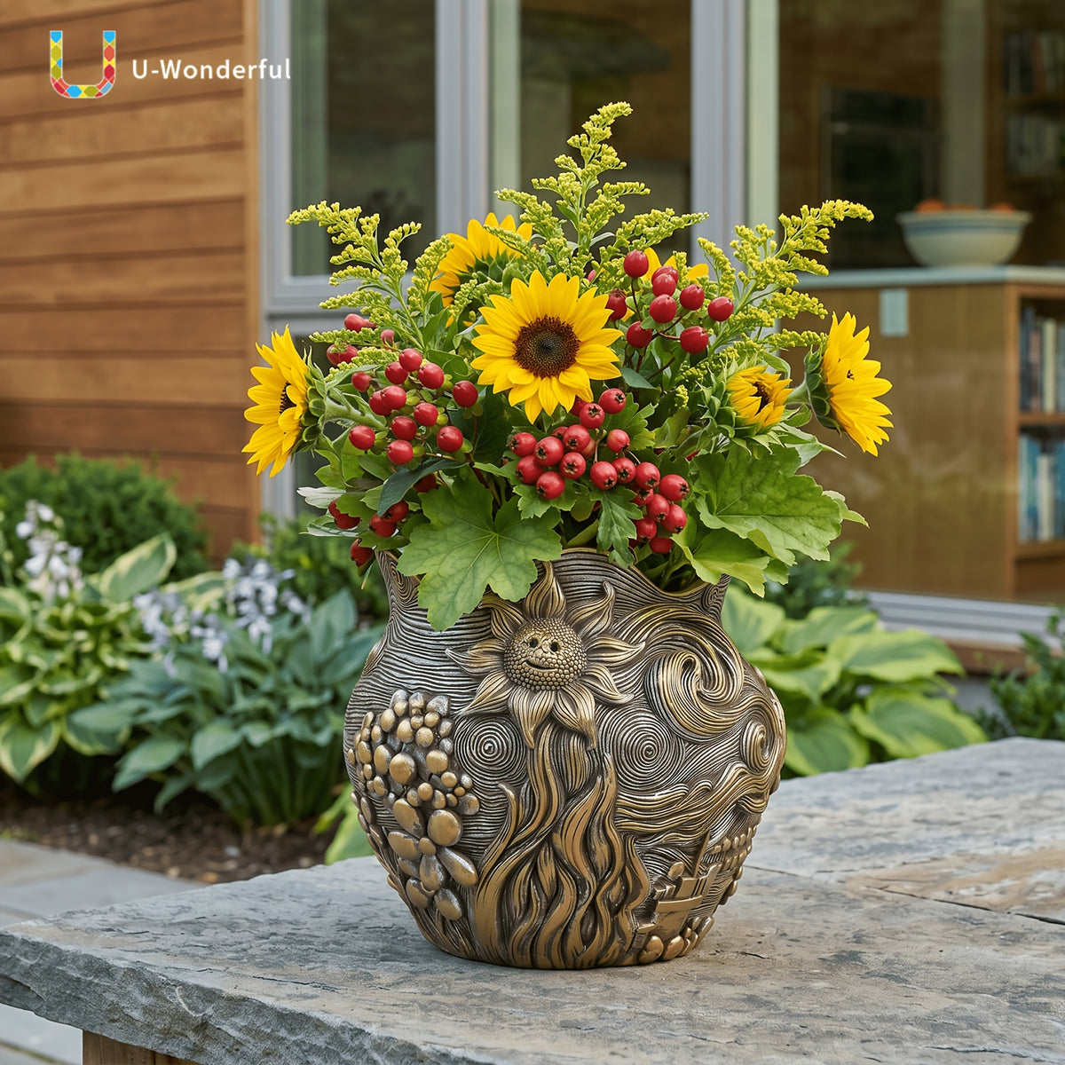 Pot de fleur doré en résine au motif ciel étoilé sculpté