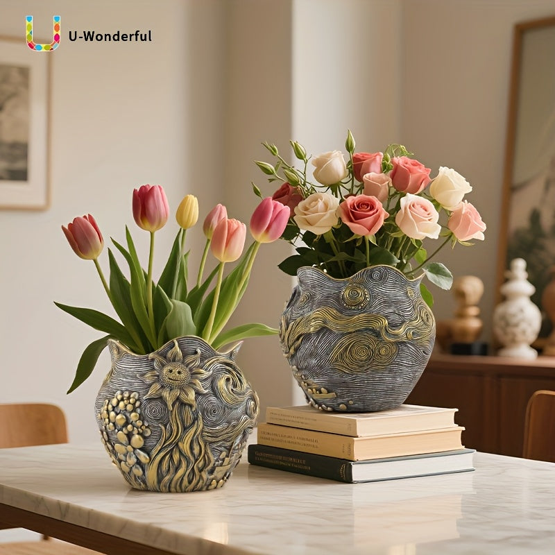 Pot de fleur doré en résine au motif ciel étoilé sculpté