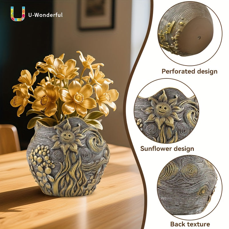 Pot de fleur doré en résine au motif ciel étoilé sculpté