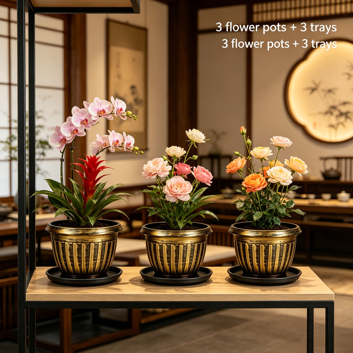 (3 pots de fleurs + 3 soucoupes) - Doré