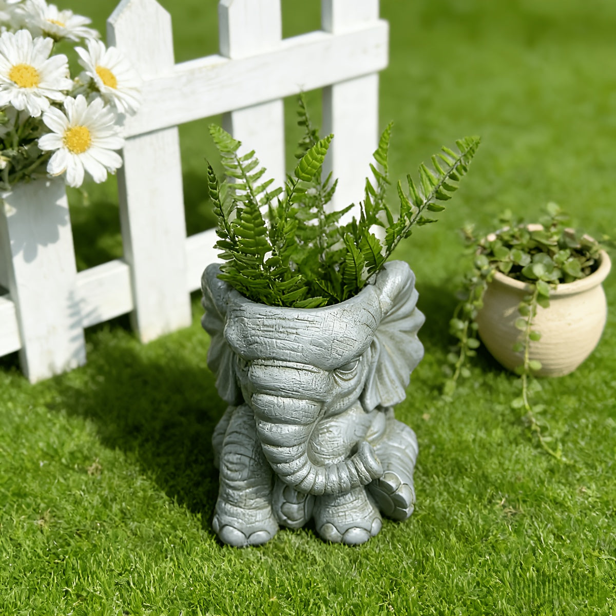 Pot de fleur éléphant en résine effet pierre — gris, 16 cm