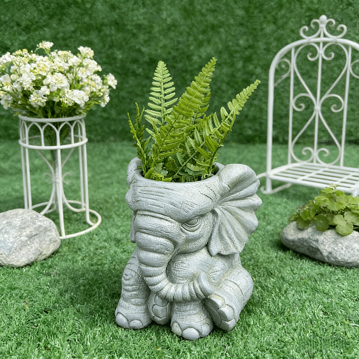 Pot de fleur éléphant en résine effet pierre — gris, 16 cm