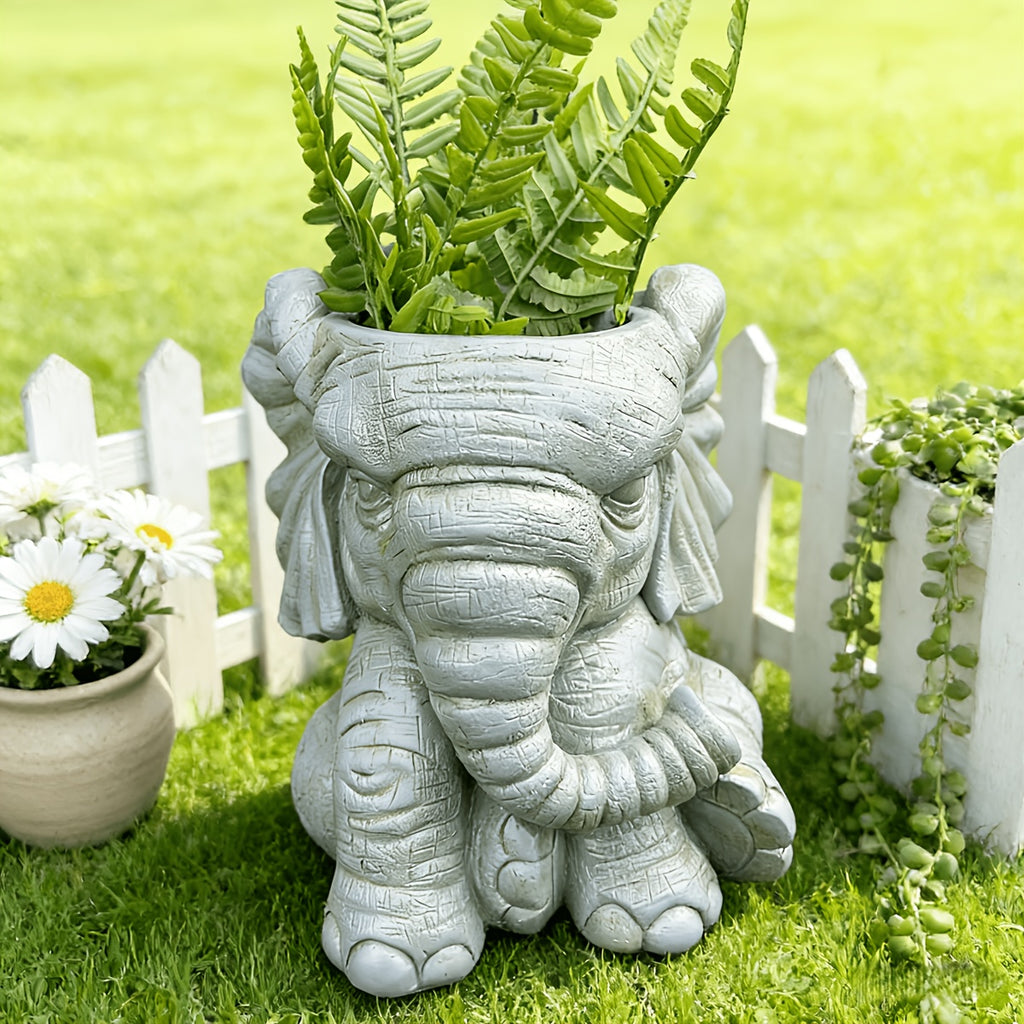 Pot de fleur éléphant en résine effet pierre — gris, 16 cm