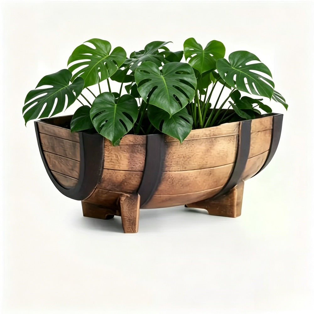 Pot de fleur extérieur 41 cm effet demi-tonneau vintage + 10 godets
