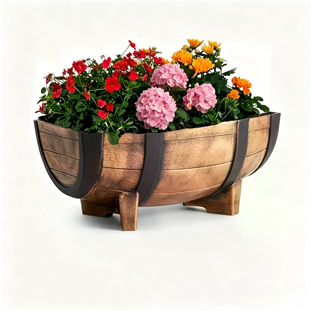 Pot de fleur extérieur 41 cm effet demi-tonneau vintage + 10 godets