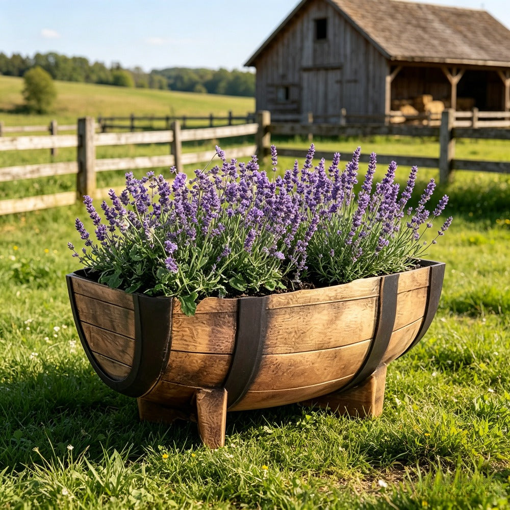 Pot de fleur extérieur 41 cm effet demi-tonneau vintage + 10 godets