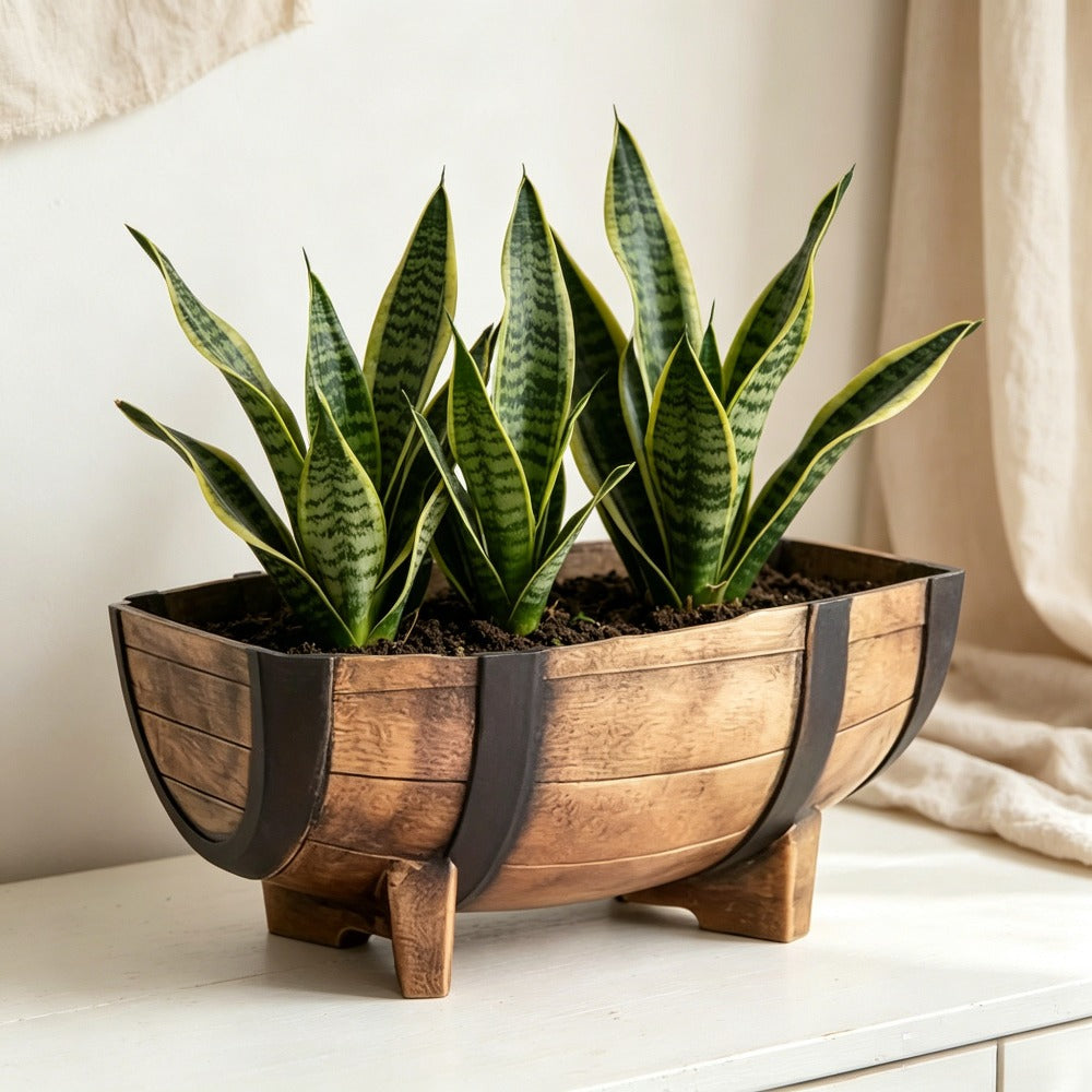 Pot de fleur extérieur 41 cm effet demi-tonneau vintage + 10 godets