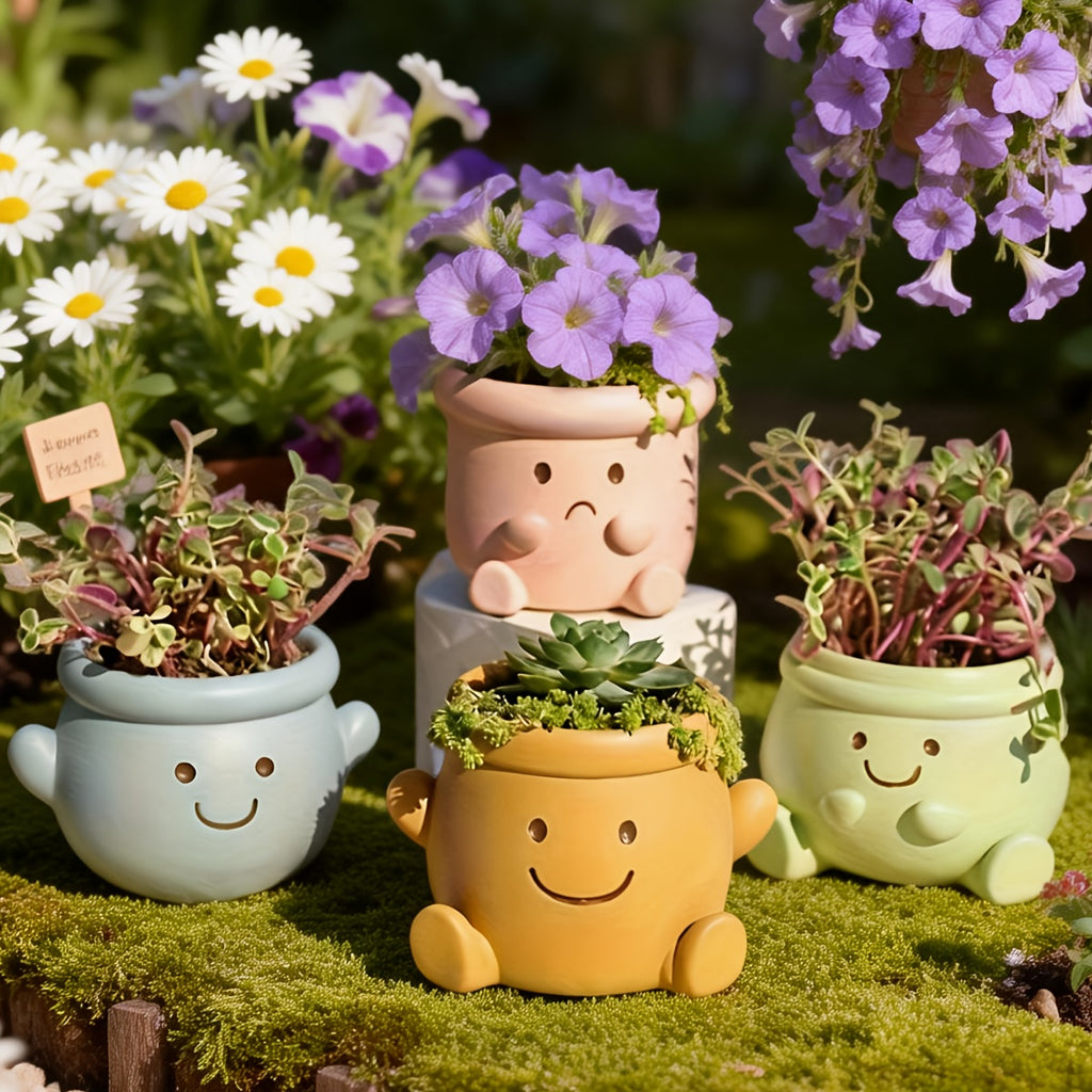 Pot de fleur extérieur en résine Ø 12 cm — visage souriant