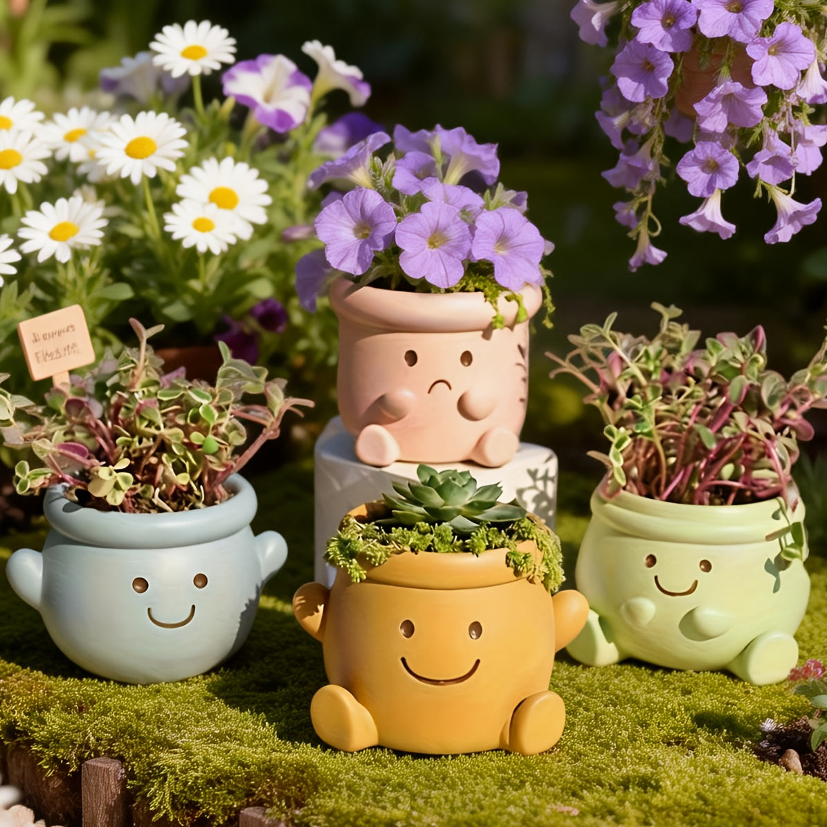 Pot de fleur extérieur en résine Ø 12 cm — visage souriant