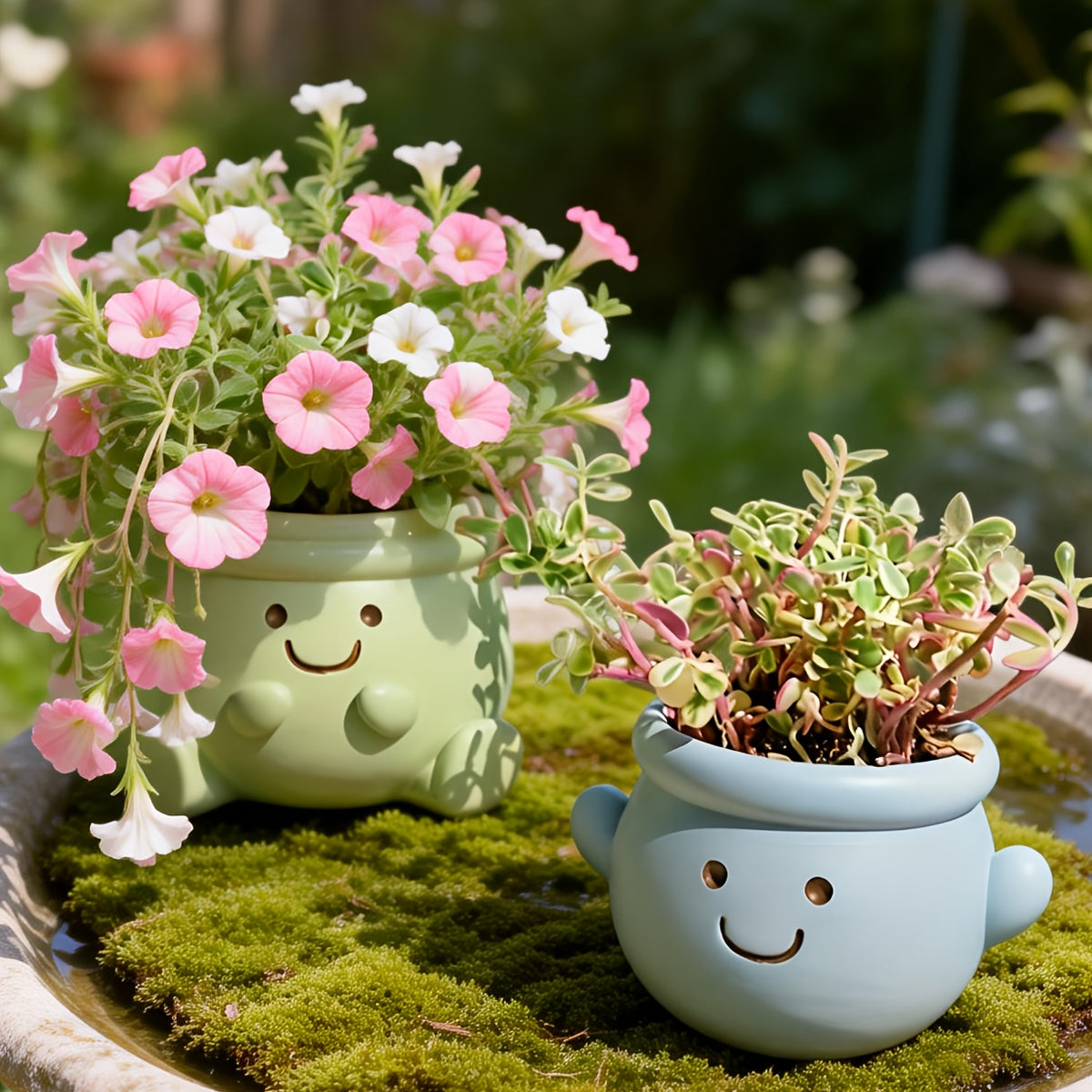 Pot de fleur extérieur en résine Ø 12 cm — visage souriant