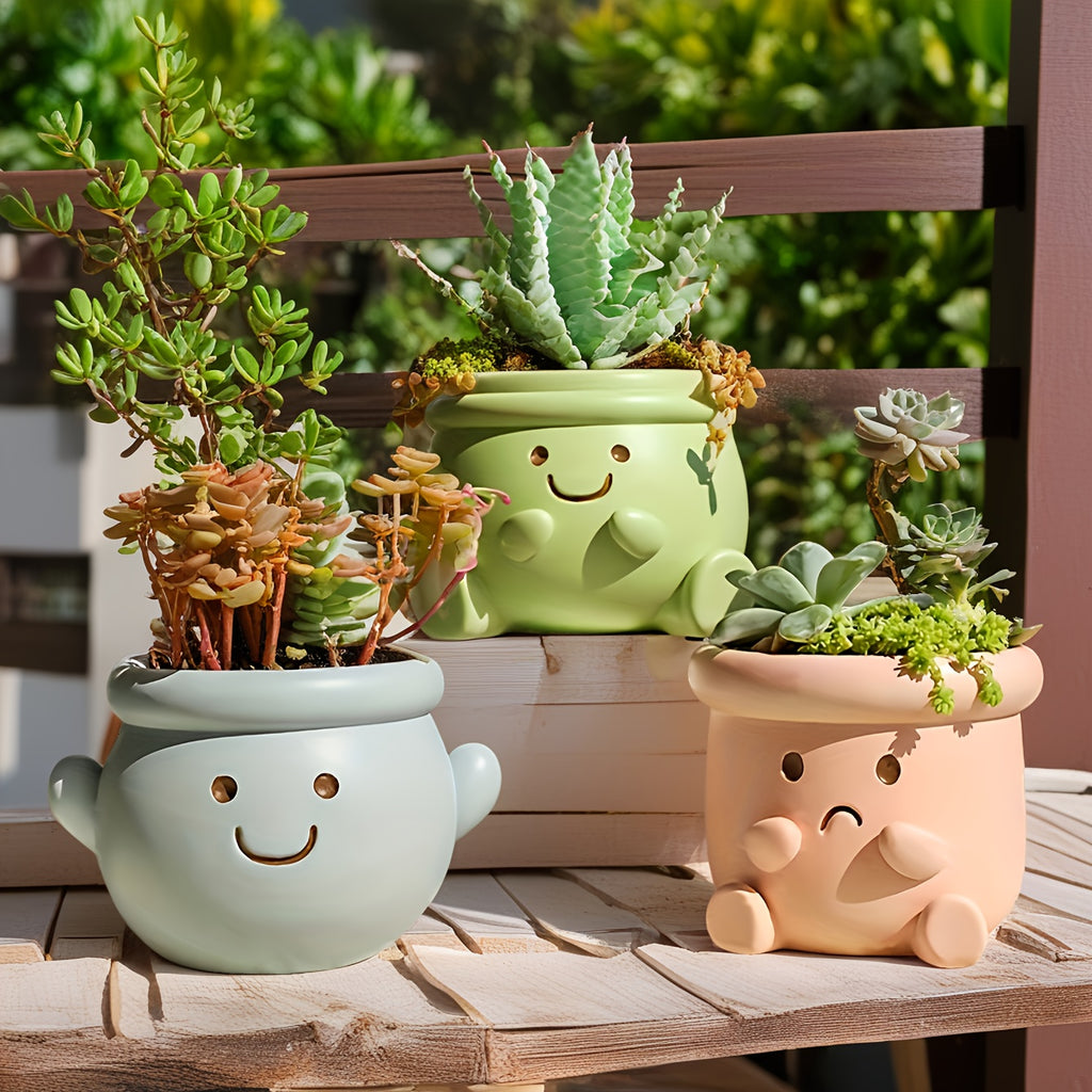 Pot de fleur extérieur en résine Ø 12 cm — visage souriant