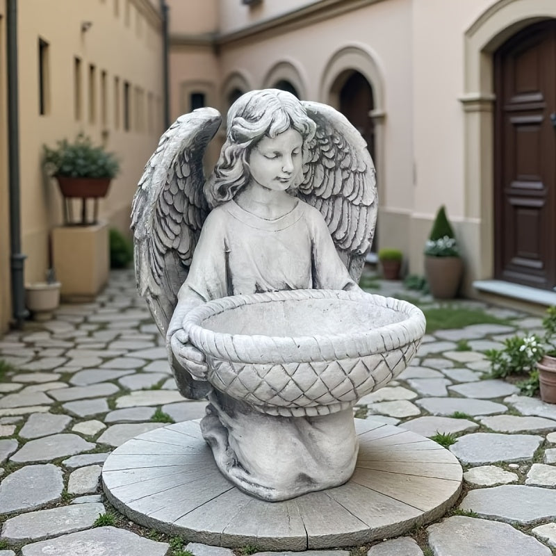 Pot de fleur extérieur ange en résine 44 cm gris effet pierre