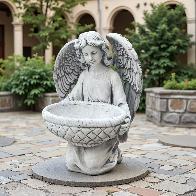 Pot de fleur extérieur ange en résine 44 cm gris effet pierre
