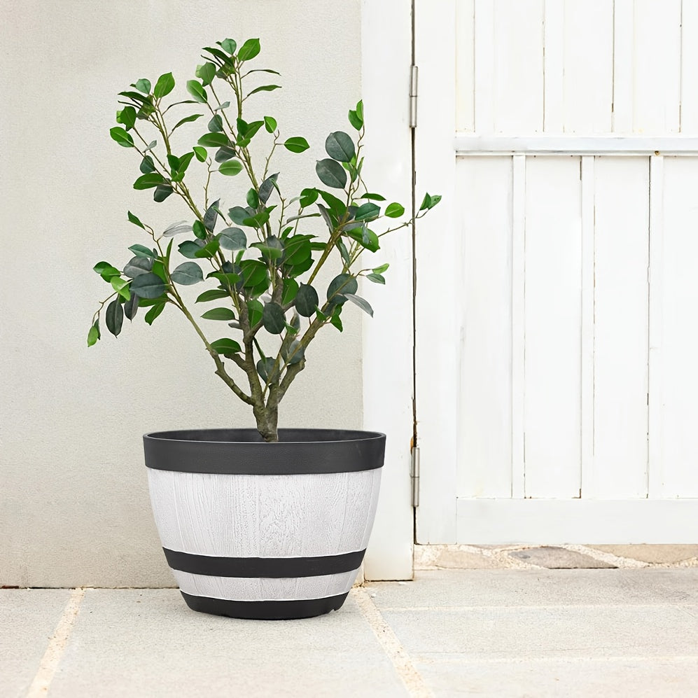 Pot de fleur extérieur effet tonneau blanc — lot de 2 + soucoupes
