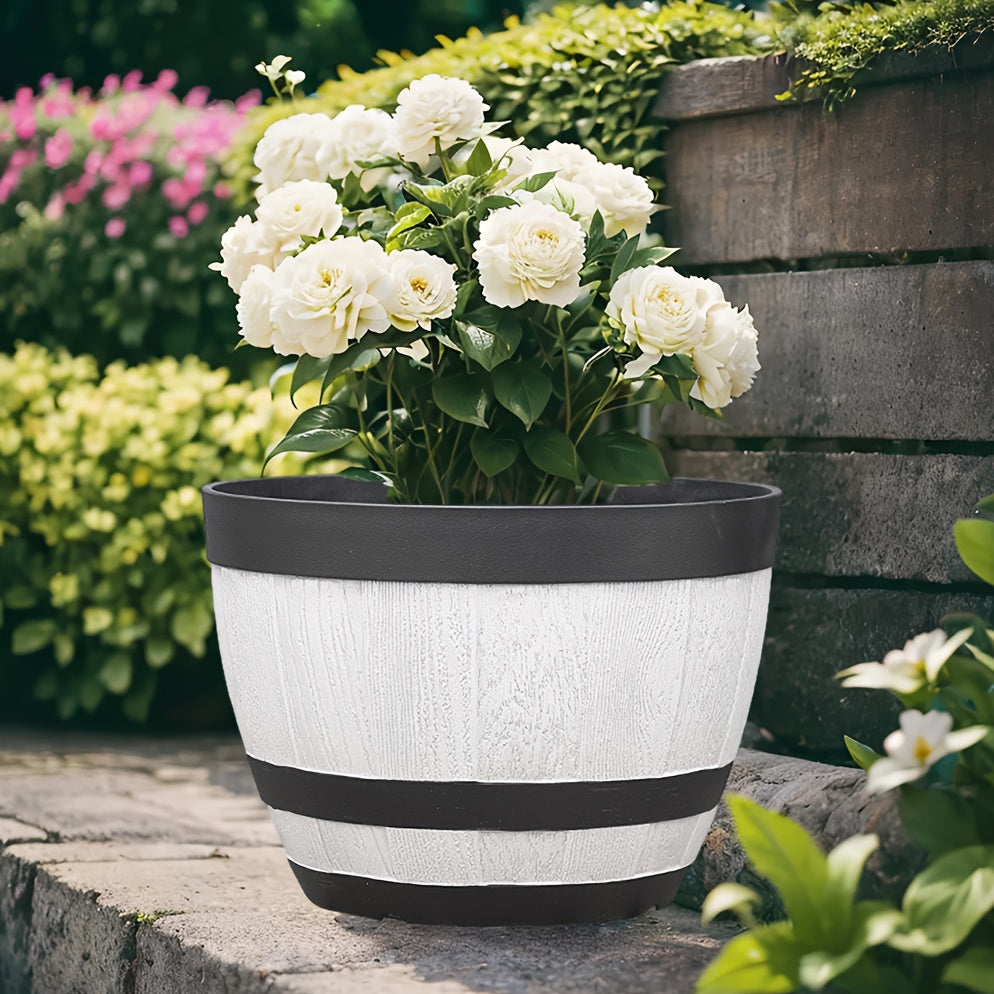 Pot de fleur extérieur effet tonneau blanc — lot de 2 + soucoupes