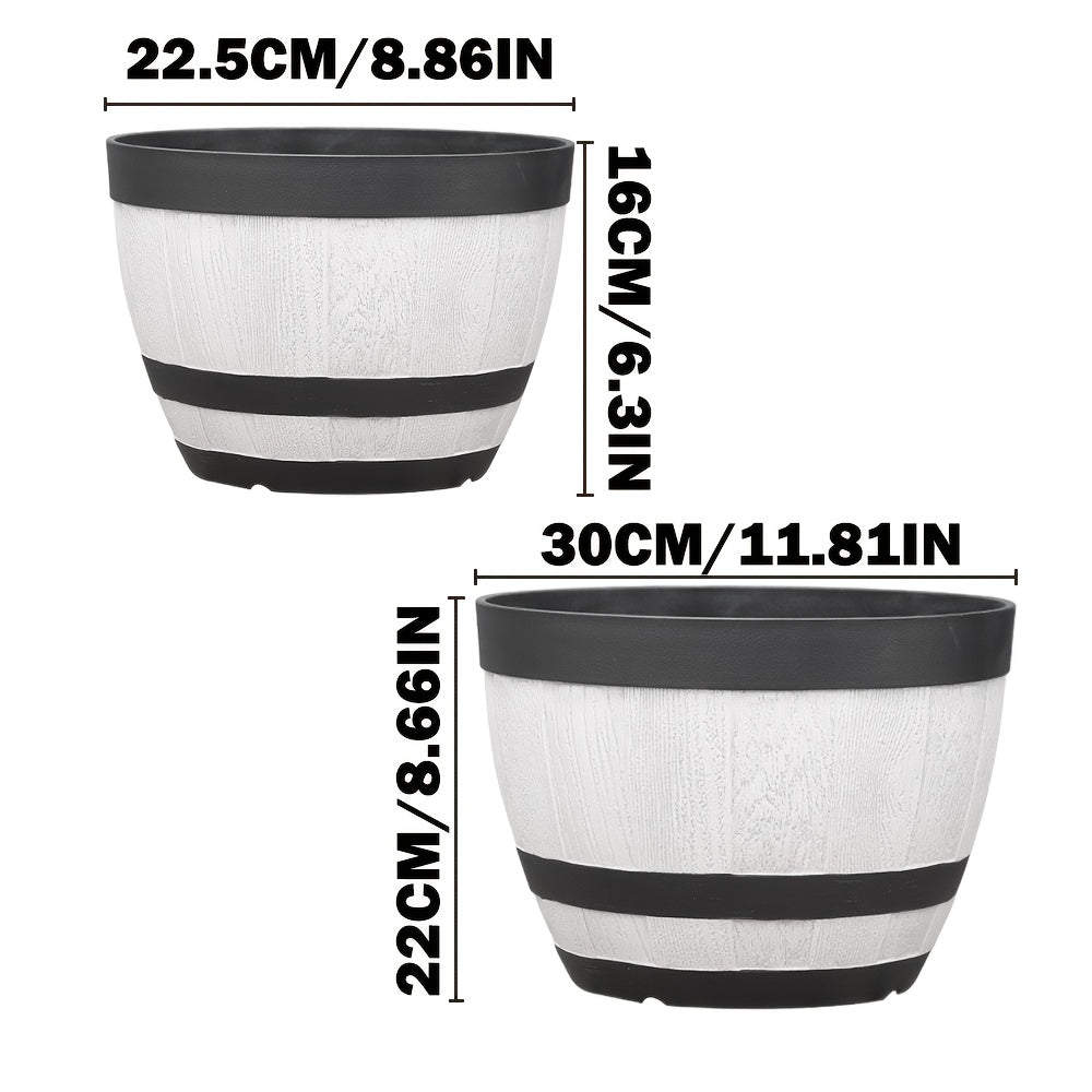 Pot de fleur extérieur effet tonneau blanc — lot de 2 + soucoupes