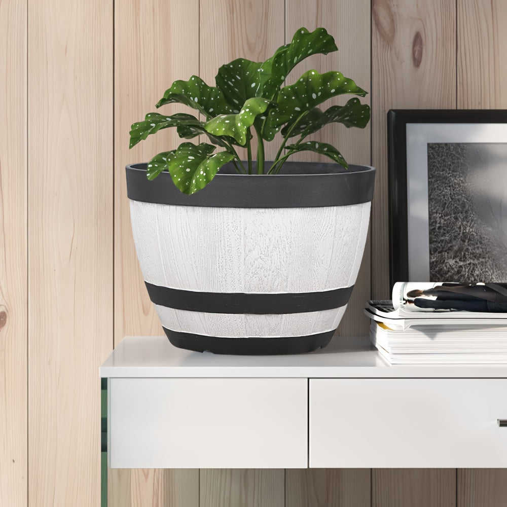 Pot de fleur extérieur effet tonneau blanc — lot de 2 + soucoupes