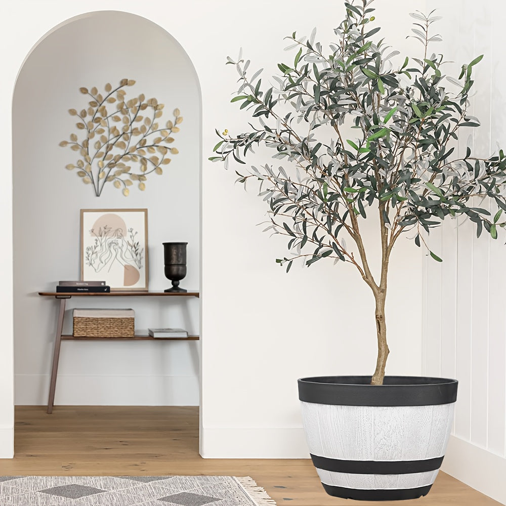 Pot de fleur extérieur effet tonneau blanc — lot de 2 + soucoupes