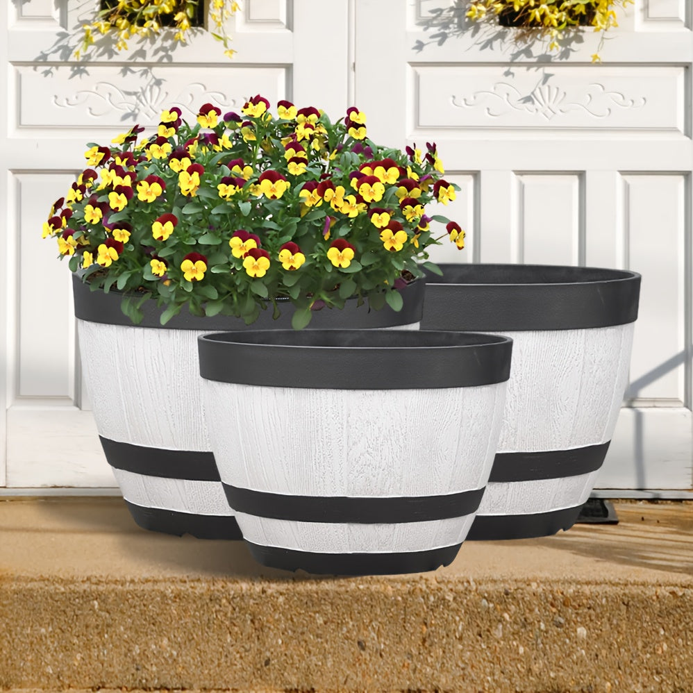 Pot de fleur extérieur effet tonneau blanc — lot de 2 + soucoupes