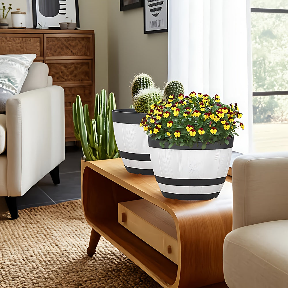 Pot de fleur extérieur effet tonneau blanc — lot de 2 + soucoupes