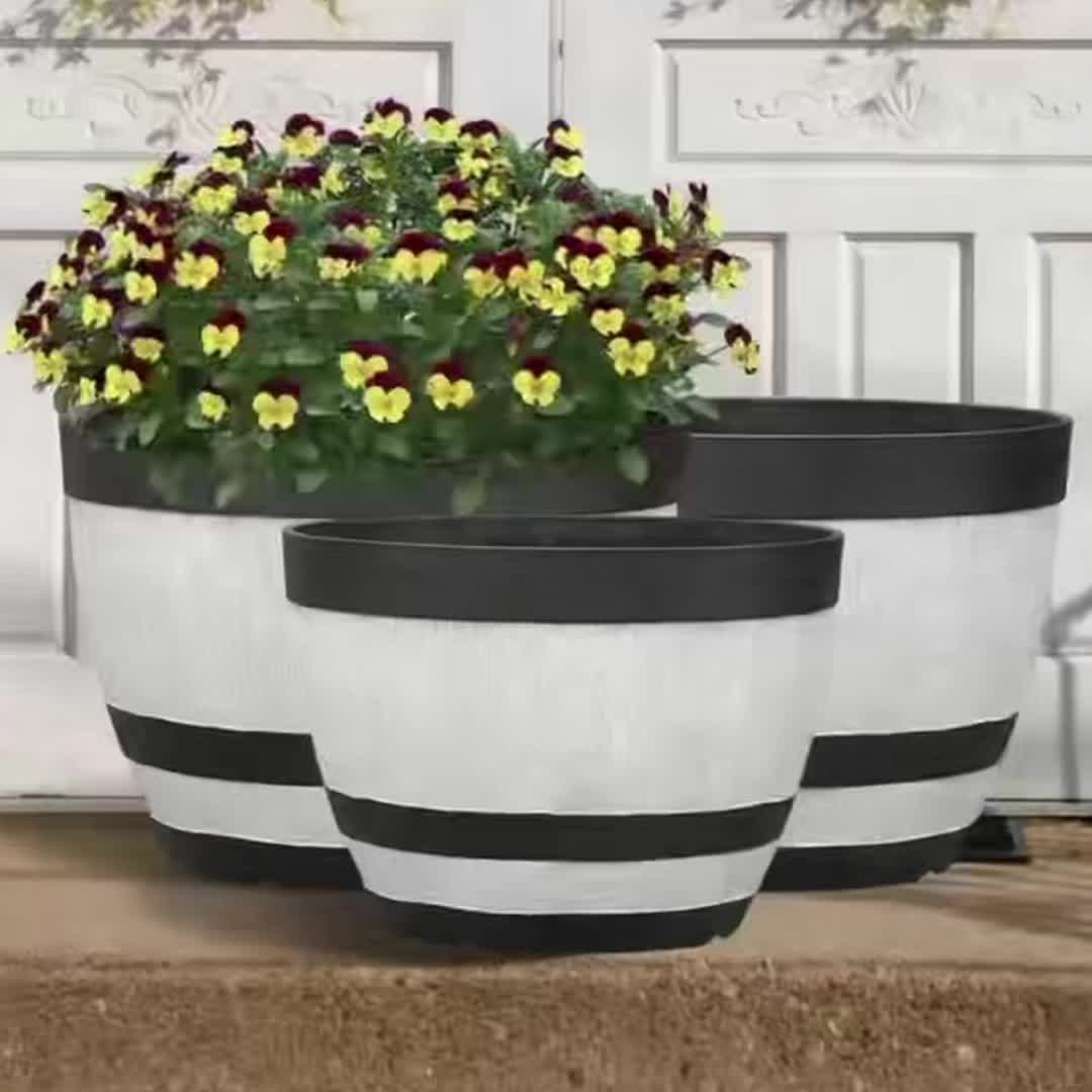 Pot de fleur extérieur effet tonneau blanc — lot de 2 + soucoupes