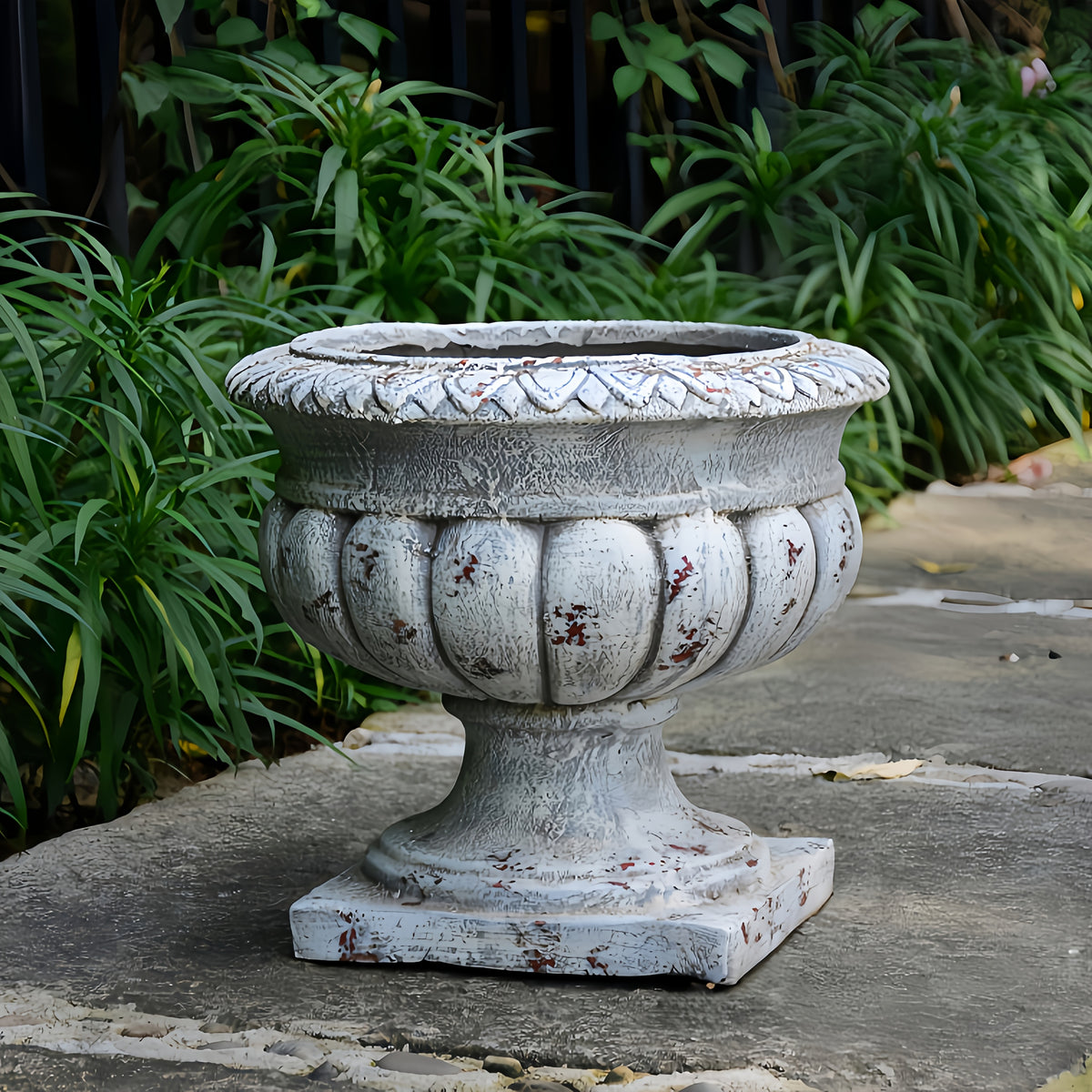 Pot de fleur extérieur vasque romaine grise vieillie 35 cm