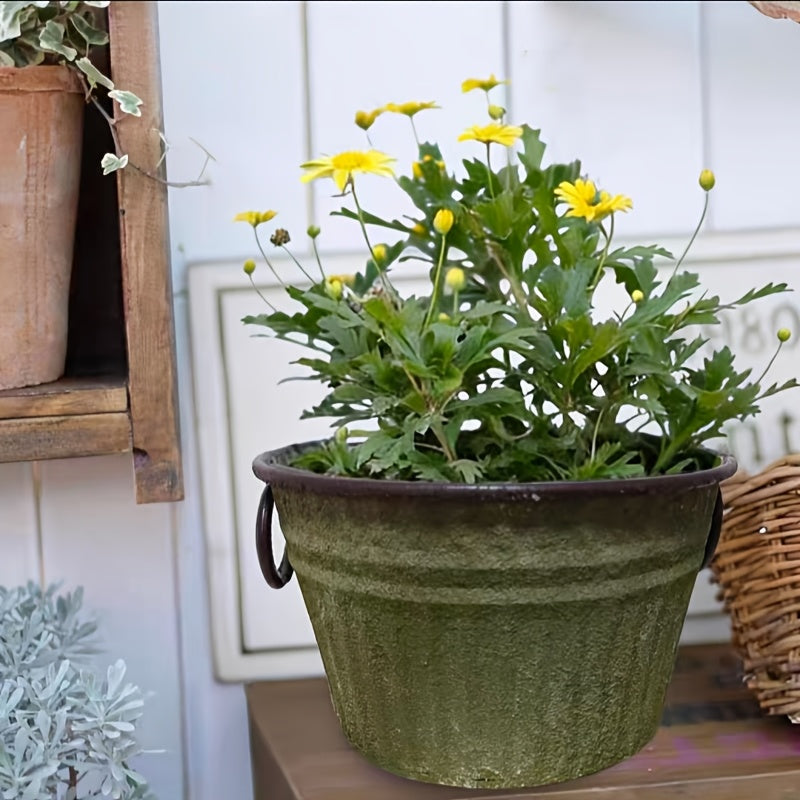 Pot de fleur en fer patiné vert mousse Ø 30 cm à deux anses
