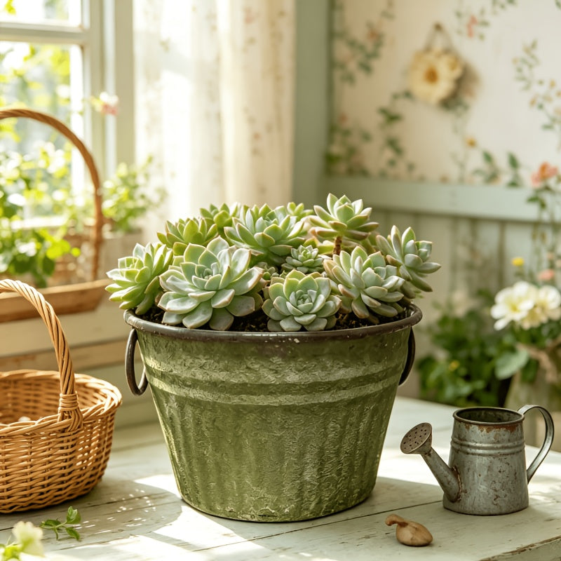 Pot de fleur en fer patiné vert mousse Ø 30 cm à deux anses