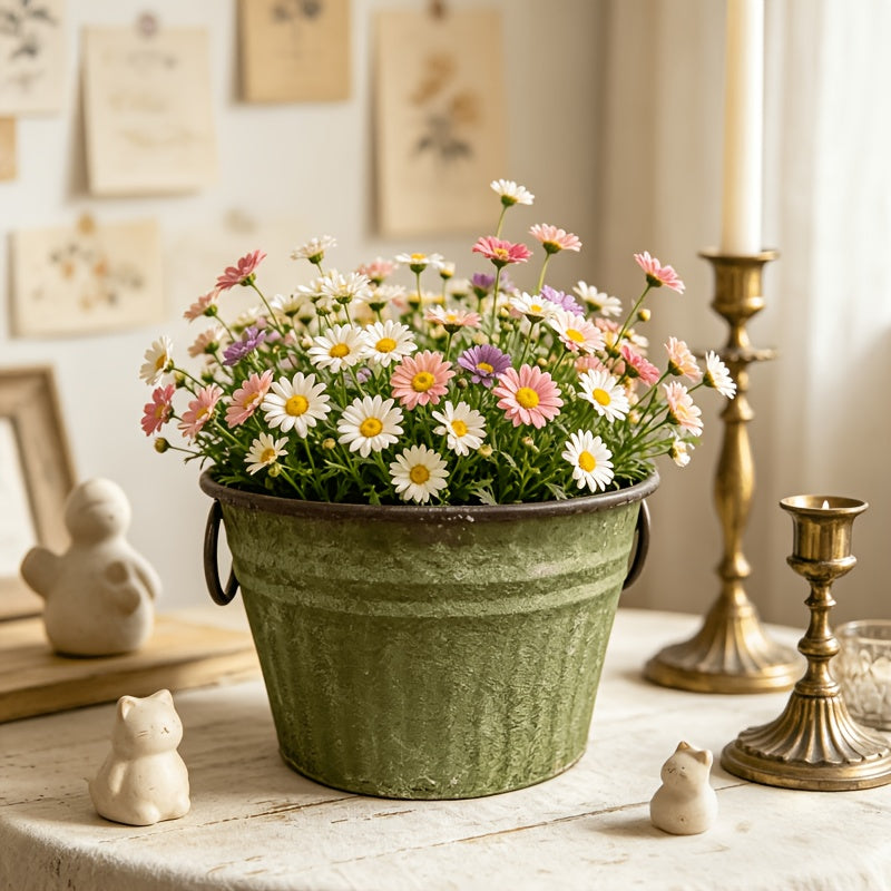 Pot de fleur en fer patiné vert mousse Ø 30 cm à deux anses