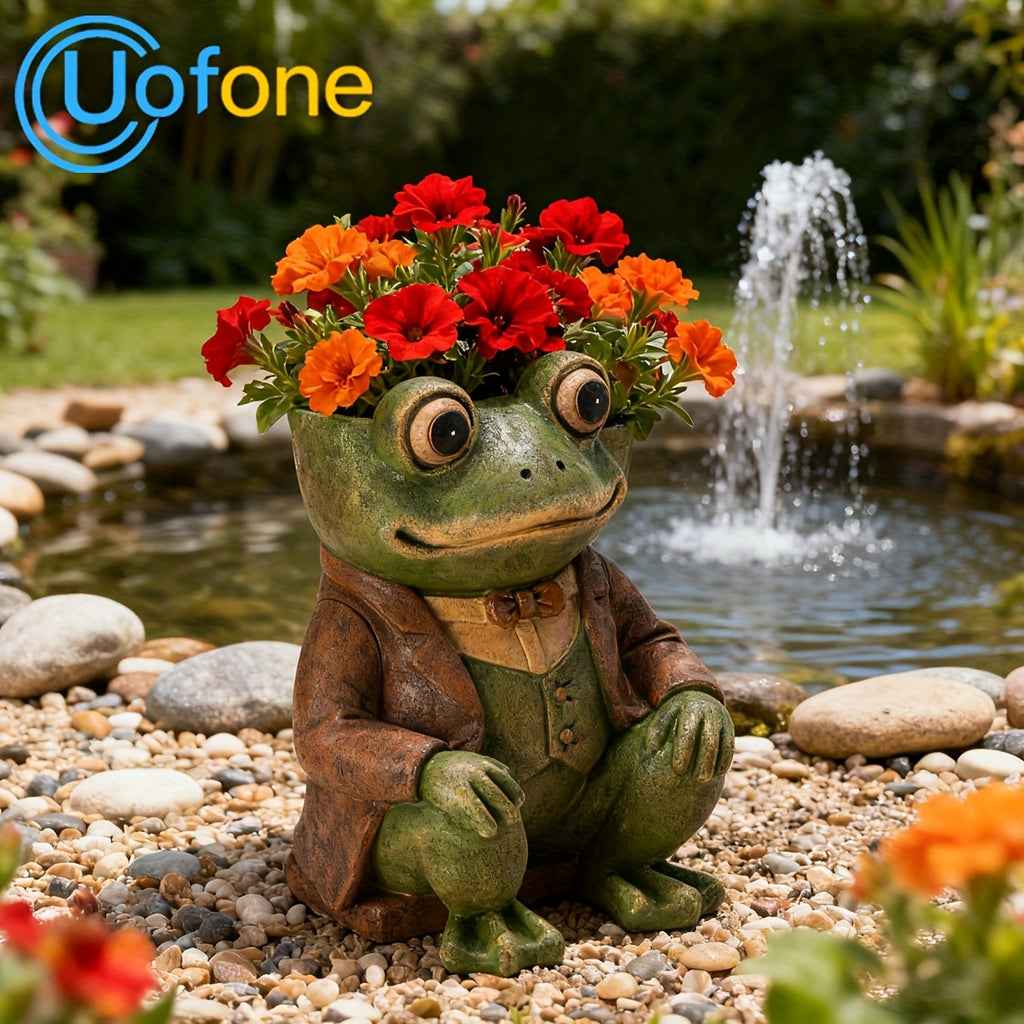 Pot de fleur grenouille en résine — statue de jardin 21 cm
