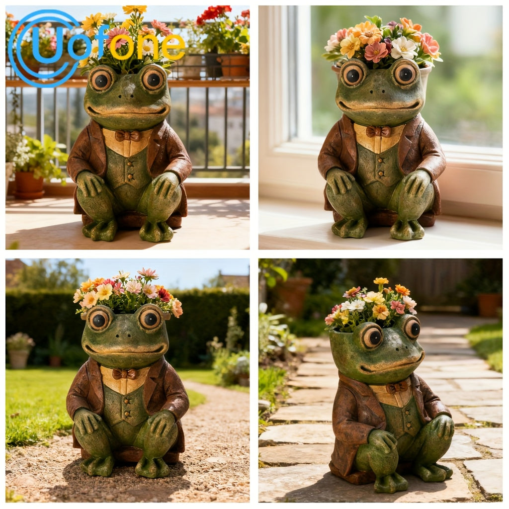 Pot de fleur grenouille en résine — statue de jardin 21 cm