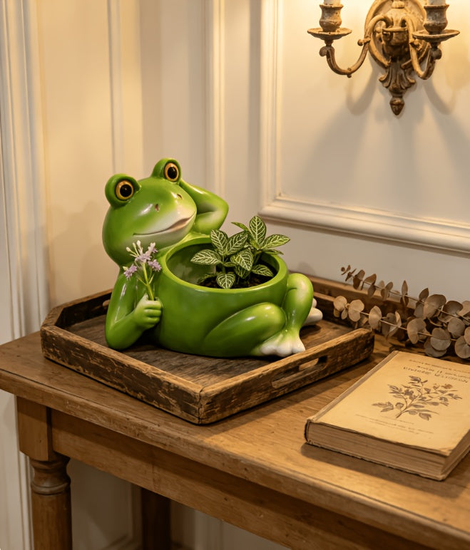 Pot de fleur grenouille en résine vert 16 cm pour succulente