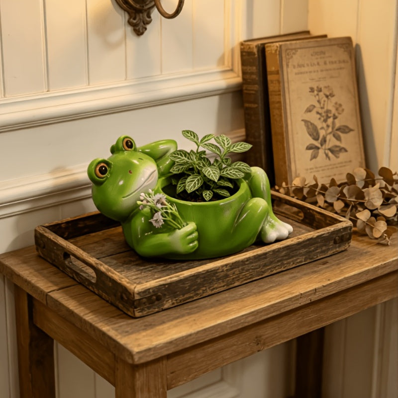 Pot de fleur grenouille en résine vert 16 cm pour succulente