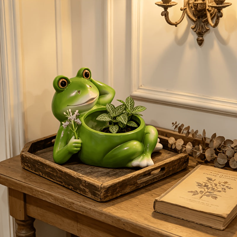 Pot de fleur grenouille en résine vert 16 cm pour succulente