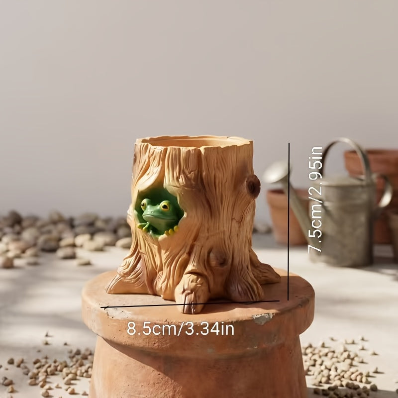 Pot de fleur grenouille façon tronc d'arbre Ø 9 cm résine
