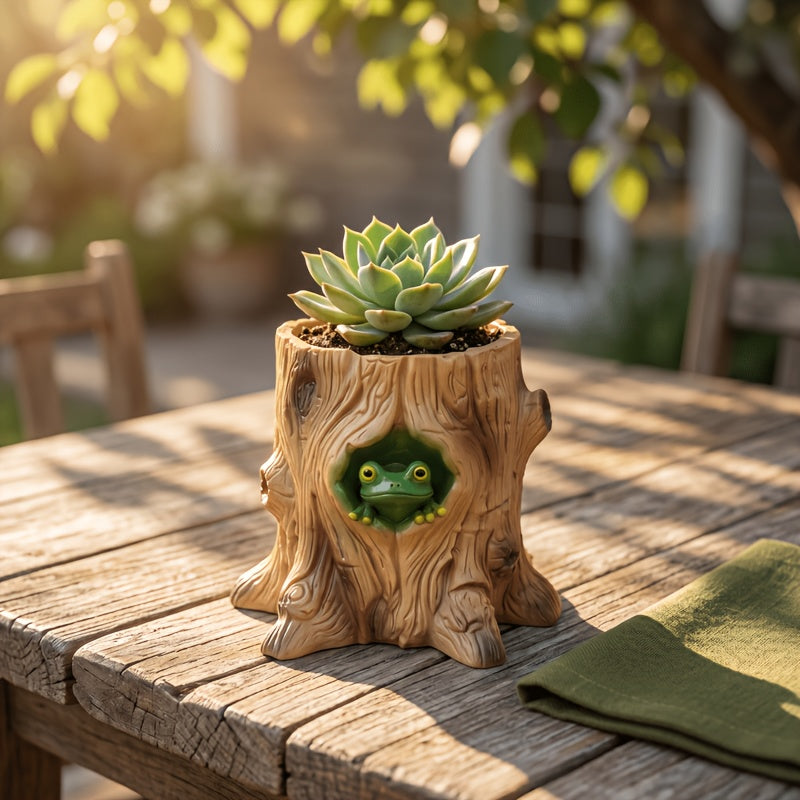 Pot de fleur grenouille façon tronc d'arbre Ø 9 cm résine