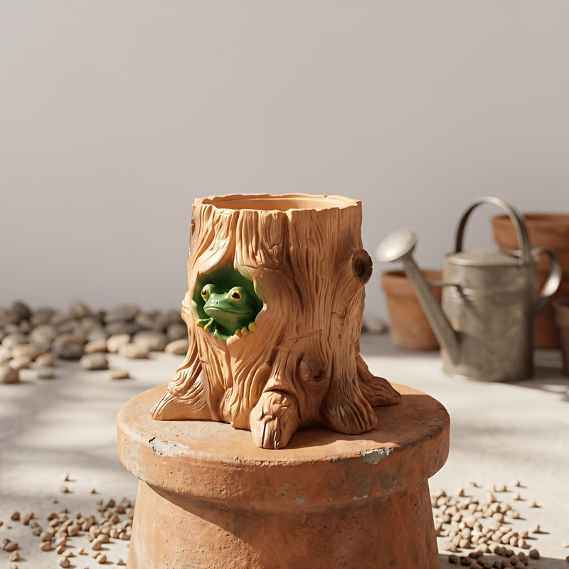 Pot de fleur grenouille façon tronc d'arbre Ø 9 cm résine
