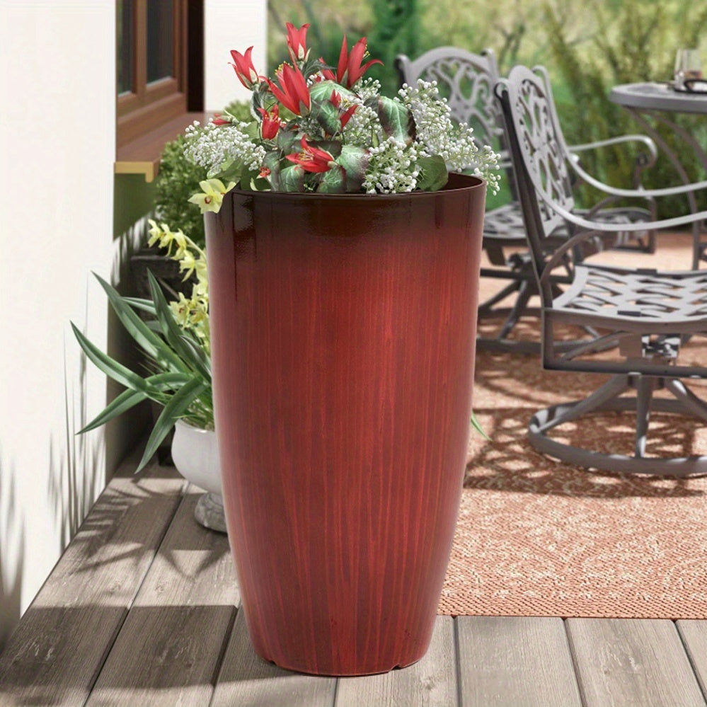 Pot de fleur haut rouge laqué effet bois veiné Ø 30 × H 53 cm