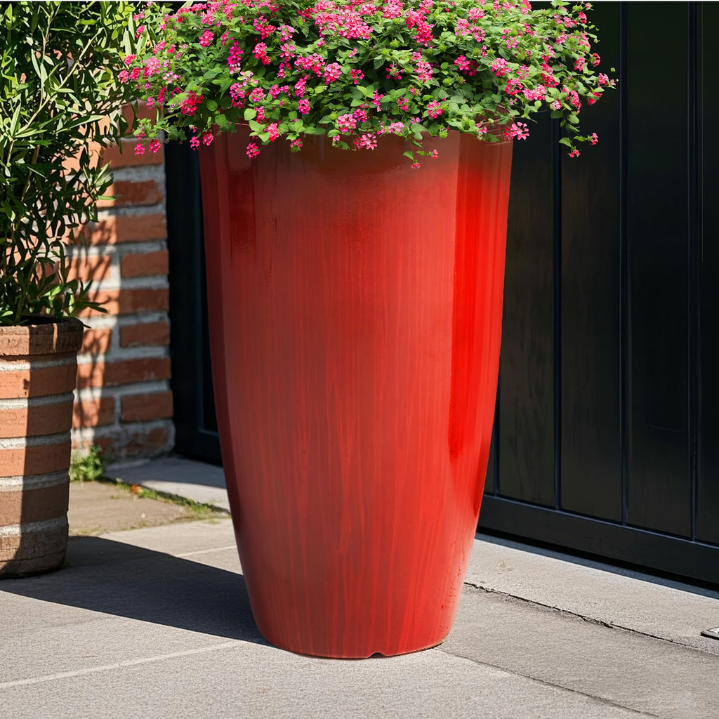Pot de fleur haut rouge laqué effet bois veiné Ø 30 × H 53 cm