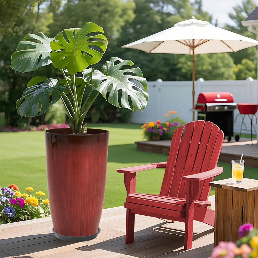 Pot de fleur haut rouge laqué effet bois veiné Ø 30 × H 53 cm