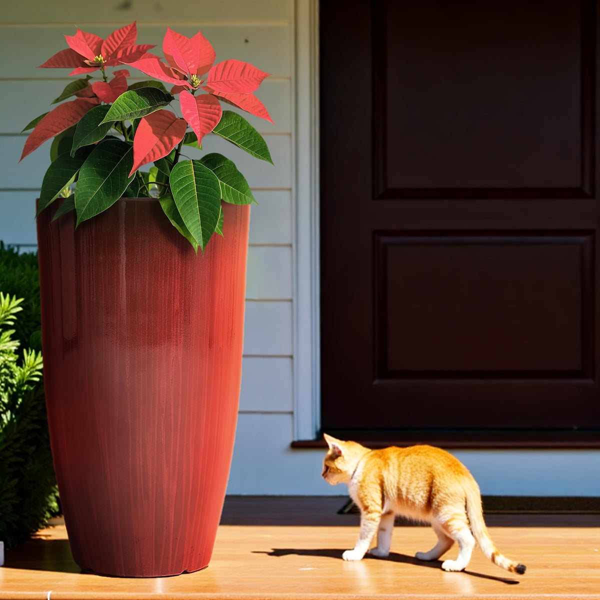 Pot de fleur haut rouge laqué effet bois veiné Ø 30 × H 53 cm