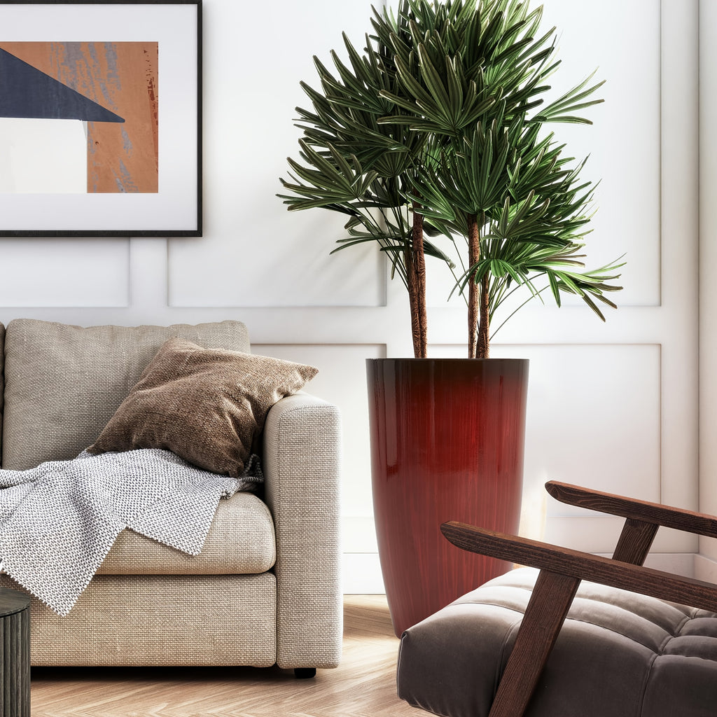 Pot de fleur haut rouge laqué effet bois veiné Ø 30 × H 53 cm