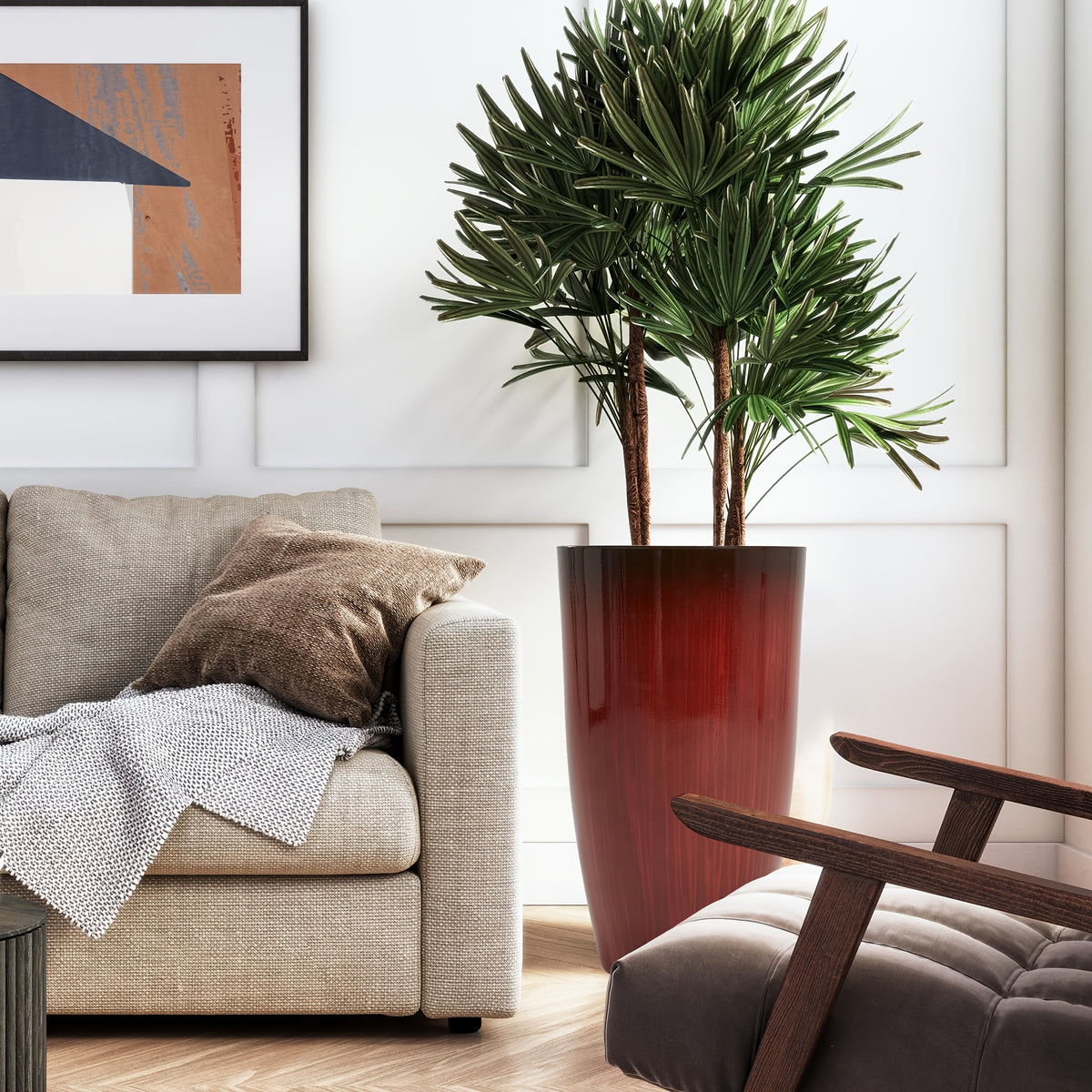Pot de fleur haut rouge laqué effet bois veiné Ø 30 × H 53 cm