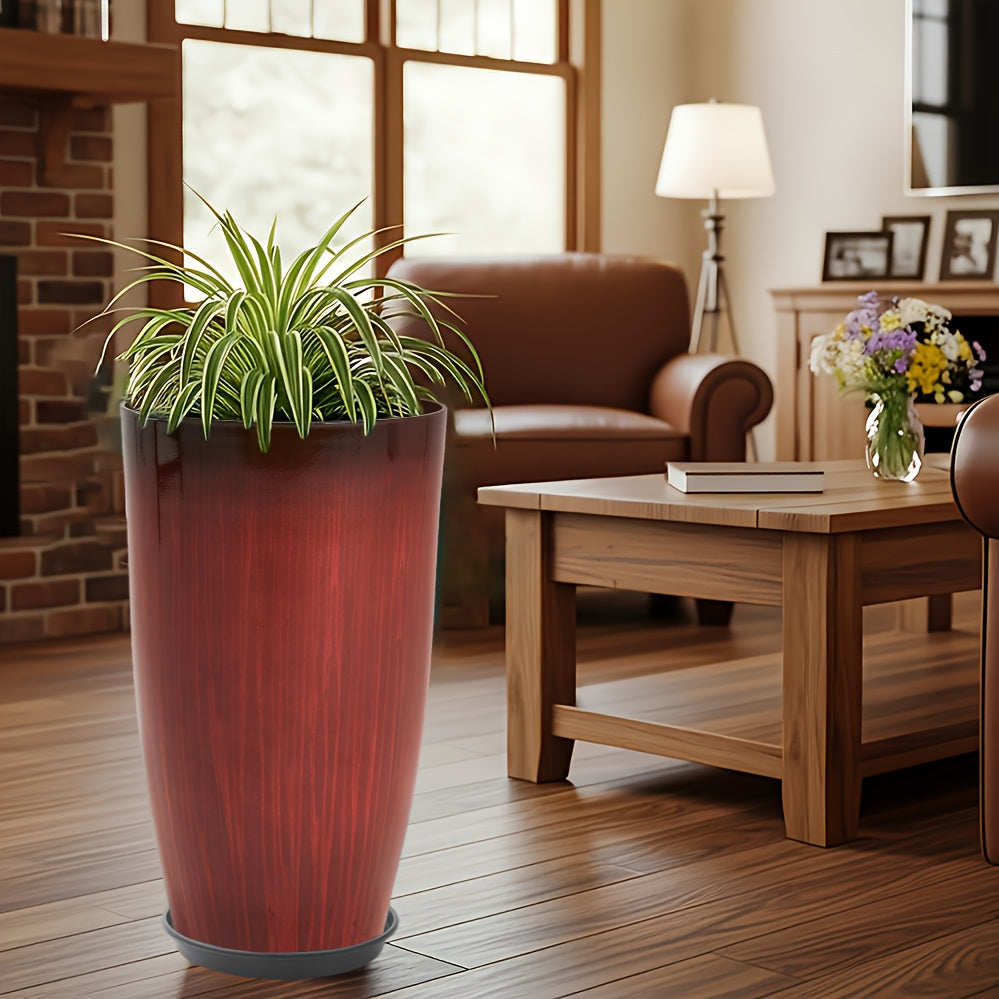 Pot de fleur haut rouge laqué effet bois veiné Ø 30 × H 53 cm