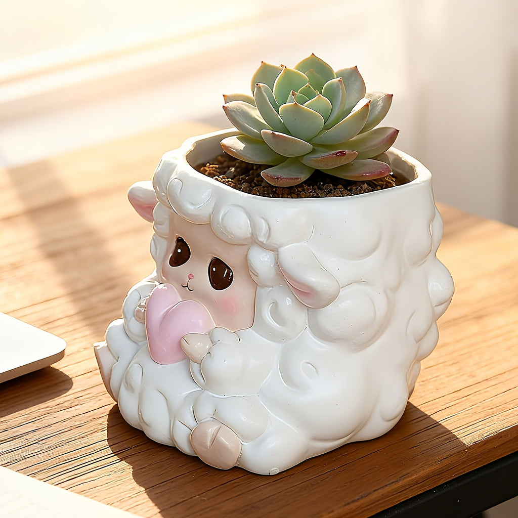 Pot de fleur mouton en résine blanche 10 cm pour succulentes