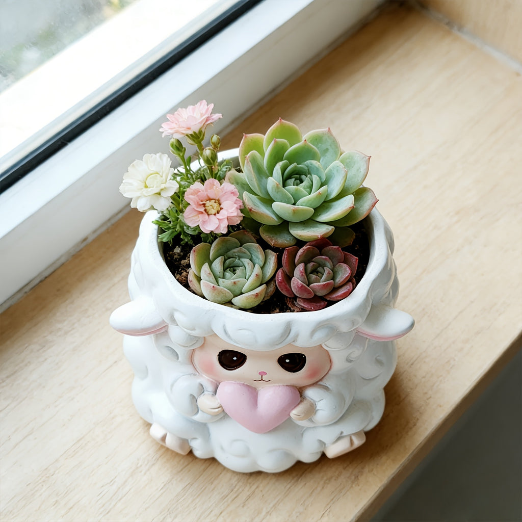 Pot de fleur mouton en résine blanche 10 cm pour succulentes