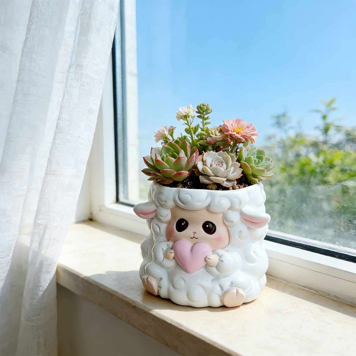 Pot de fleur mouton en résine blanche 10 cm pour succulentes