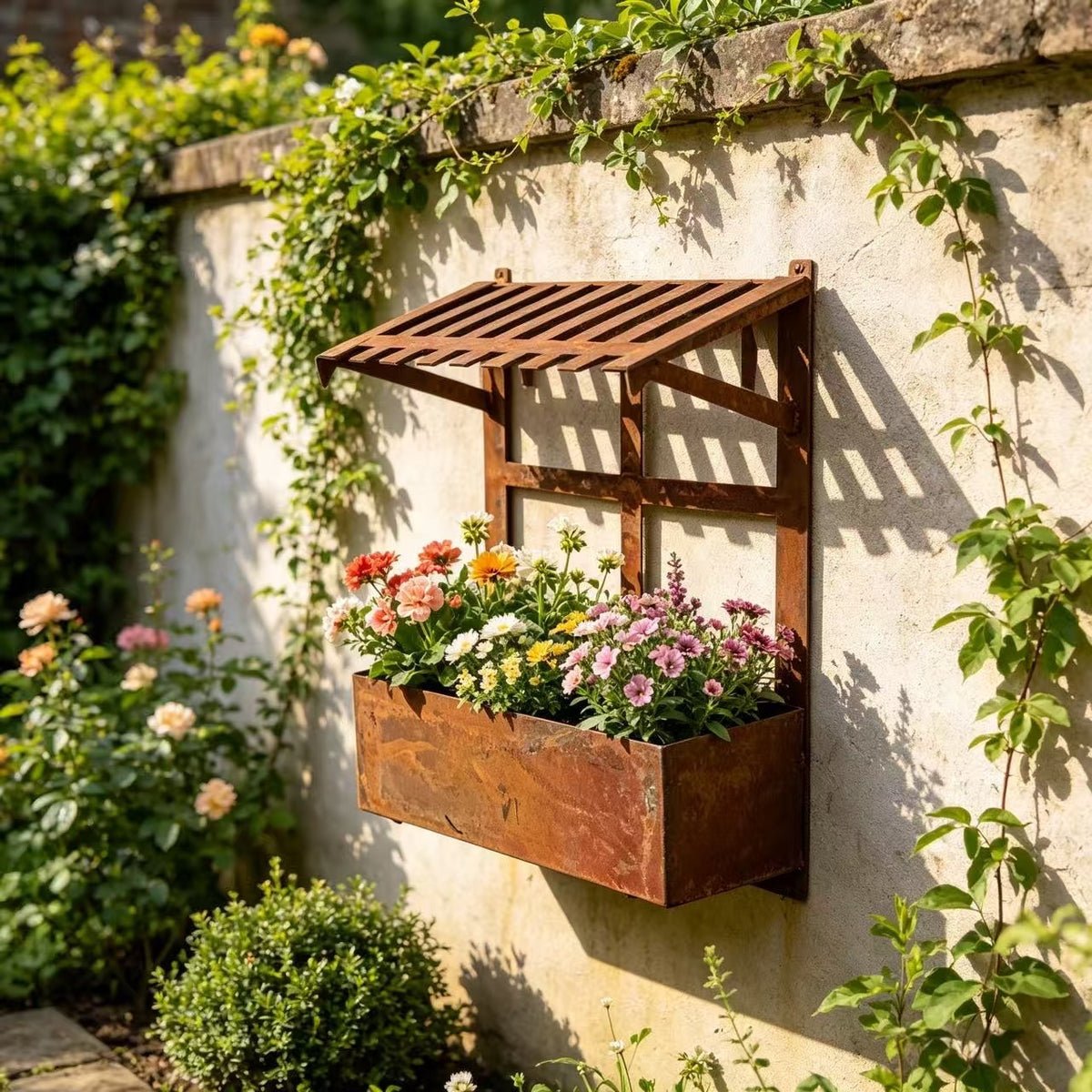 Pot de fleur mural en fer patiné effet rouille — 16x20 cm
