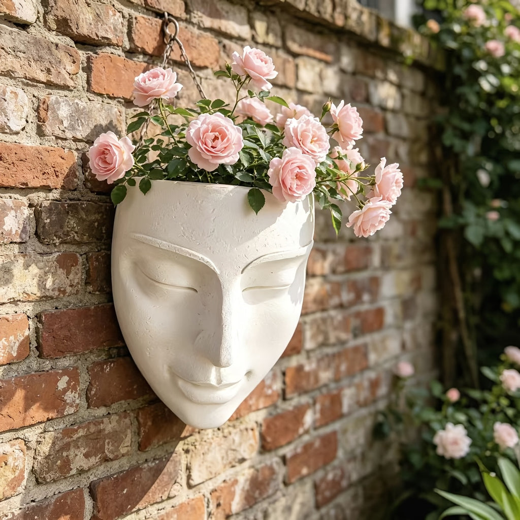 Pot de fleur mural visage en résine blanche, 16 cm de haut